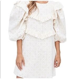 En Saison Cream Denim Embroidered Ruffle Short Dress, size S